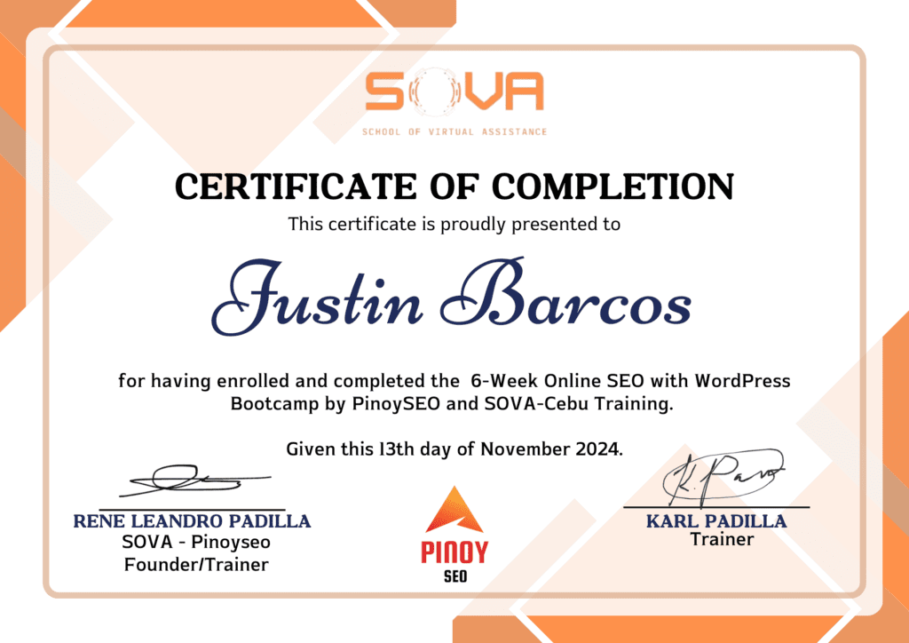 Awarded Certification for SOVA as an SEO Specialist